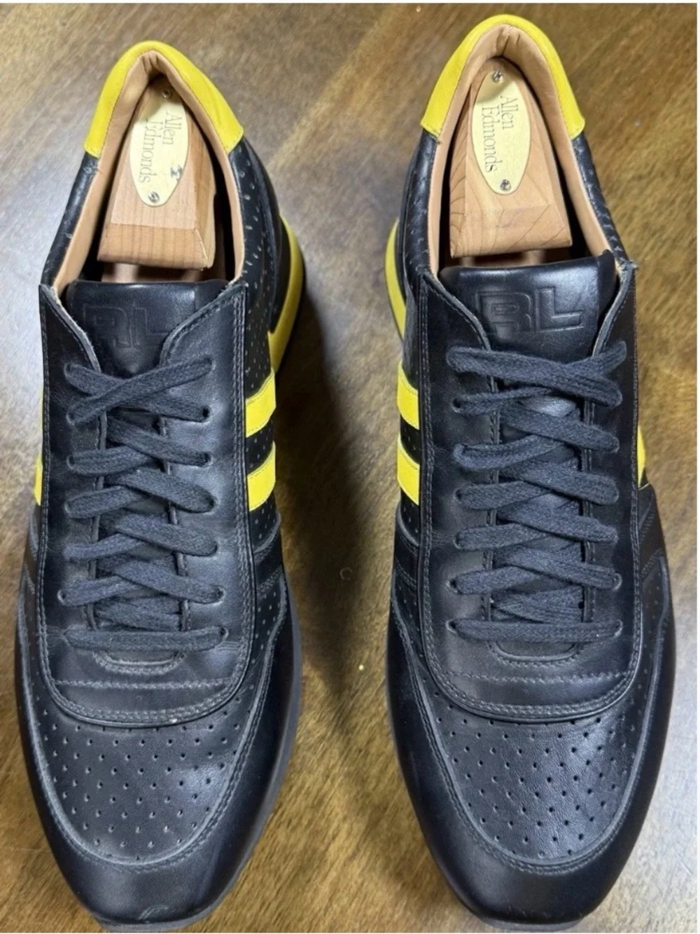Ralph Lauren Purple Label Black Leather Sneakers with Yellow Stripes